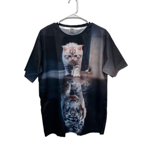 Graphic Short Sleeve T-Shirt, Kitten & Tiger Reflection Print, Polyester, Large - Picture 3 of 15